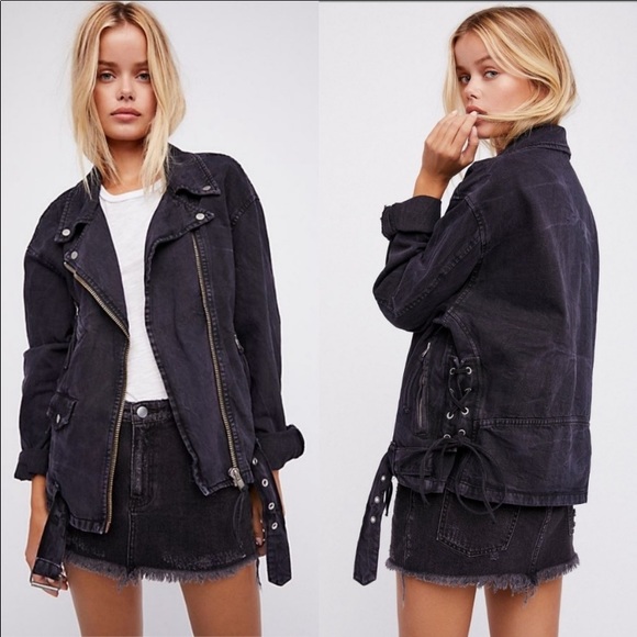 Oversized Denim Moto Jacket Lace 